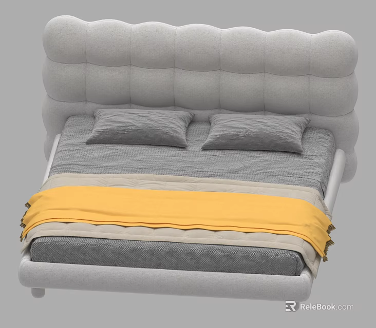 Modern Gray Double Bed with Wavy Upholstered Headboard Two Pillows and Yellow Gray Blanket 3d model 
