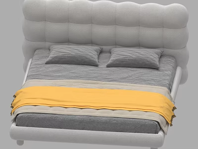 Modern Gray Double Bed with Wavy Upholstered Headboard Two Pillows and Yellow Gray Blanket 3d model