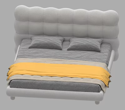 Modern Gray Double Bed with Wavy Upholstered Headboard Two Pillows and Yellow Gray Blanket 3d model