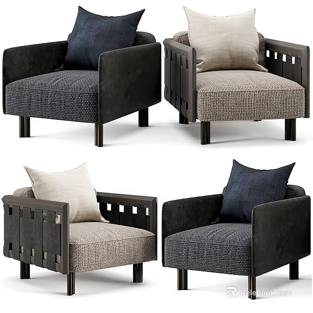 Modern Single Seater Sofa Upholstered In Neutral And Dark Fabric With Wooden Frame And Cushions 3d model 