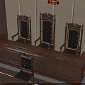 Wooden Courtroom Judicial Desk with Judge Seats Spectator Benches on Panel Wall and National Emblem