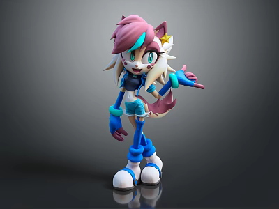 Vibrant 3D Game Movie Character With Pink Blue Hair Star Accessory And Outstretched Hand 3d model