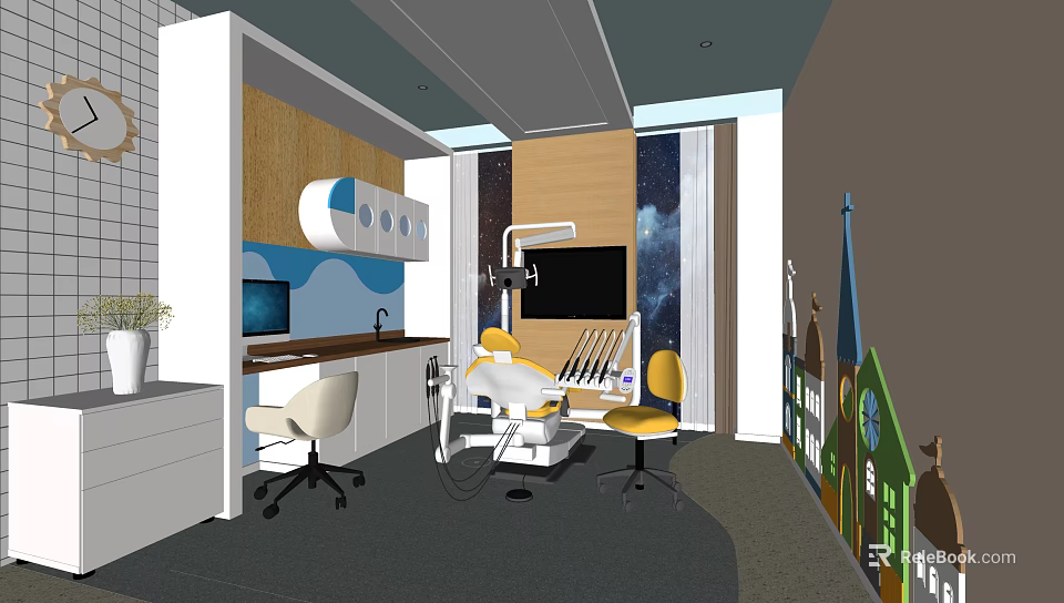 Pediatric Dental Clinic Interior With Dental Chair Colorful Decor And Starry Sky Wall 3d model 