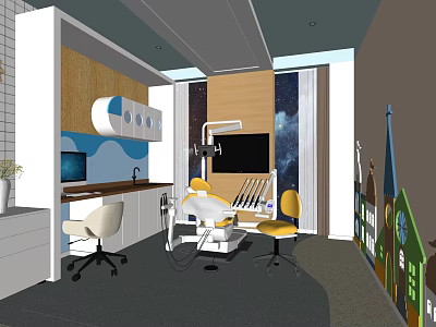 Pediatric Dental Clinic Interior With Dental Chair Colorful Decor And Starry Sky Wall 3d model