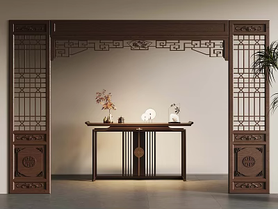 Traditional Chinese Interior With Wooden Carved Screen And Console Table Decor 3d model