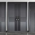 Three Modern Black Security Doors With Different Textured Designs And Metal Handles 3d model
