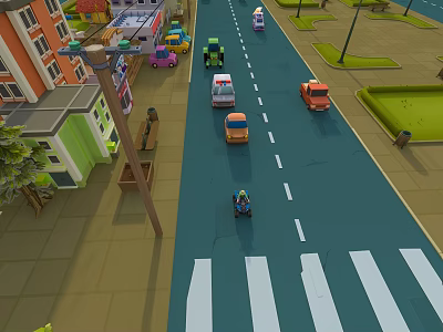 Cartoon City Street Scene With Colorful Buildings Vehicles Pedestrian And Zebra Crossing 3d model