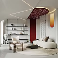 Modern Living Room Interior Design With Round Area Rug Beige Sofa Wall Shelves And Geometric Lighting