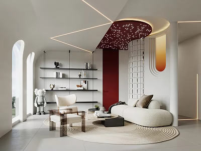 Modern Living Room Interior Design With Round Area Rug Beige Sofa Wall Shelves And Geometric Lighting 3d model