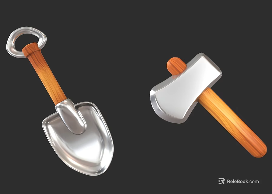 Practical Hardware Tools Featuring Shovel and Axe with Metal Heads and Wooden Handles 3d model 