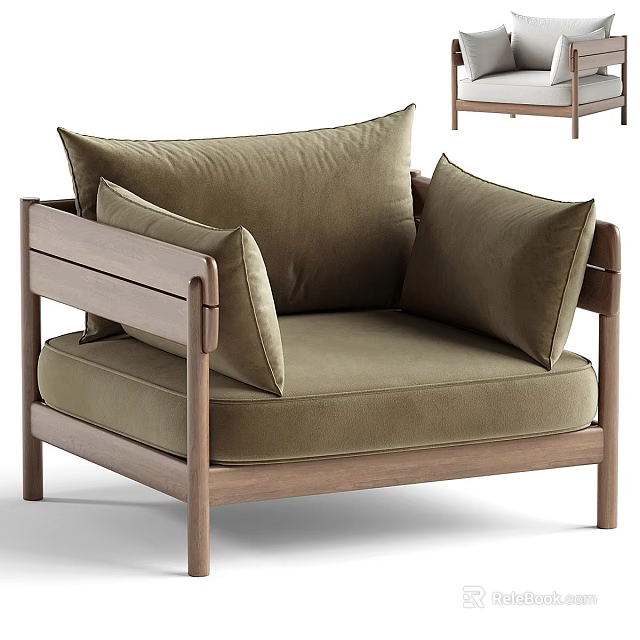 Modern Wooden Frame Leisure Chair With Green Cushions Armrests And Comfortable Design 3d model 