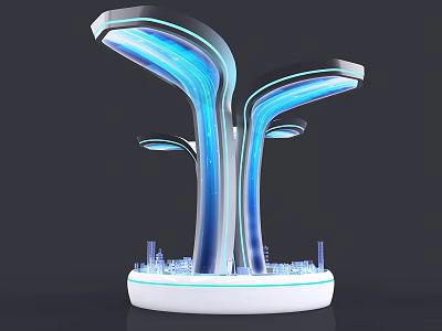 Futuristic Commercial Display Equipment With Blue Illuminated Tree Shaped Structure And White Base 3d model