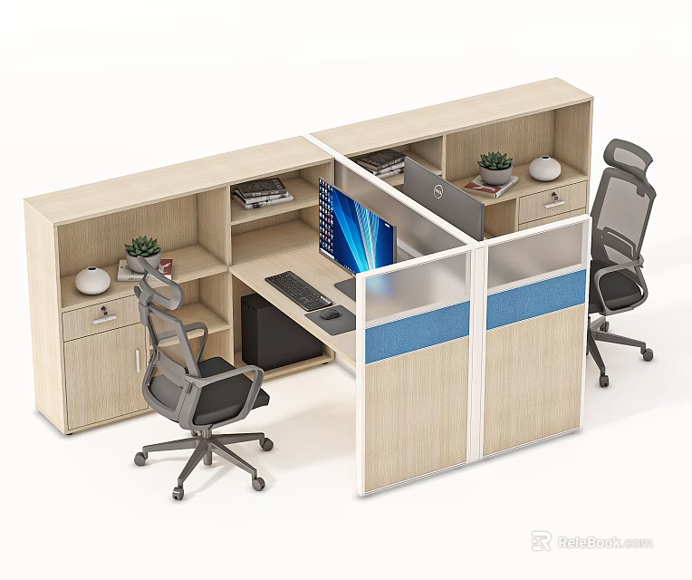Modern Partitioned Office Desk With Double Workstations Computer Office Chairs Small Plants Drawers And Shelves 3d model 