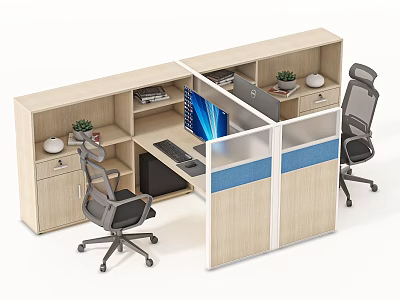Modern Partitioned Office Desk With Double Workstations Computer Office Chairs Small Plants Drawers And Shelves 3d model