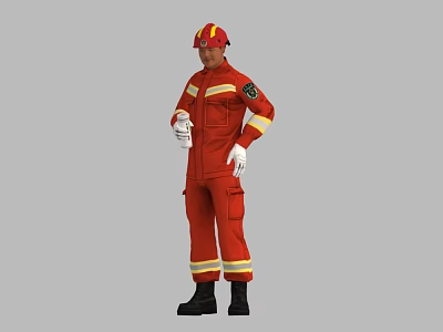Man in Red Fire Suit with Yellow Stripes Helmet White Gloves and Black Boots 3d model