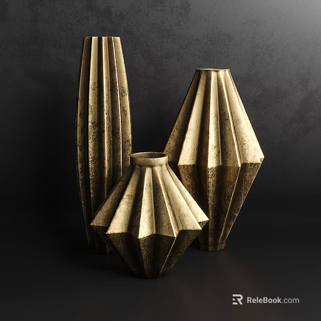 Set of Three Golden Geometric Textured Vases For Modern Home Decor 3d model 