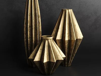 Set of Three Golden Geometric Textured Vases For Modern Home Decor 3d model