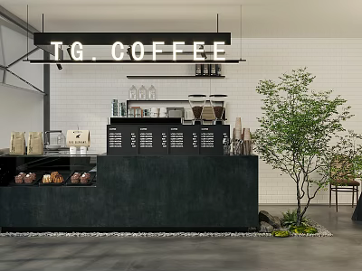 Modern Coffee Shop Interior With White Brick Wall Black Counter Coffee Beans And Green Plant 3d model