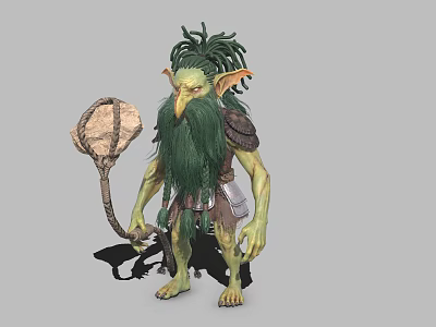 3D Goblin Character With Green Skin Long Green Hair Pointed Ears Armor And Net Weapon 3d model