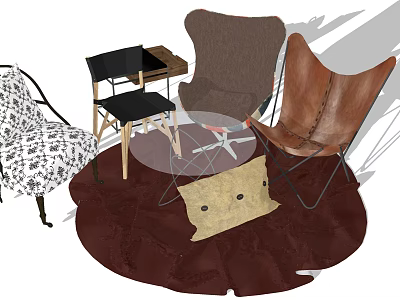 Casual Sofa Set with Mixed Style Leather Fabric Chairs Round Rug and Cushion 3d model
