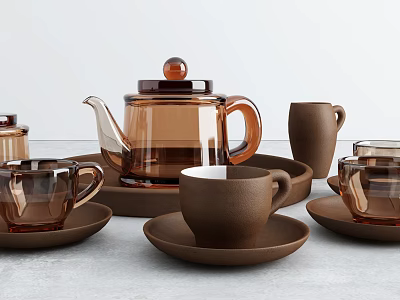 Brown Glass and Ceramic Tea Set with Teapot Cups and Saucers 3d model