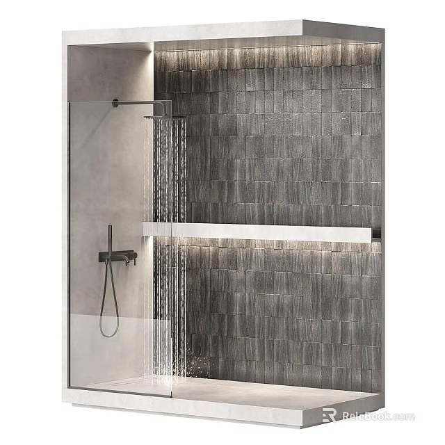 Modern Shower Head Design In Bathroom With Grey Tile Wall Glass Partition And Handheld Shower 3d model 