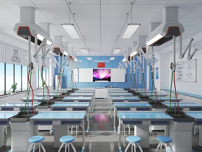 Modern Science Lab With Blue Tables Stools And Fume Hoods 3d model