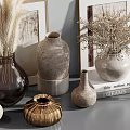 Elegant Decorative Ornament Set With Ceramic Vases Dried Plants Framed Artwork And Candle