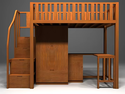 Wooden Bunk Bed With Ladder Drawers Lower Cabinet And Small Table Furniture 3d model