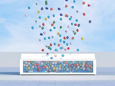 White Launch Device With Colorful Balloons Floating Up And Interior Patterns Against Blue Sky 3d model