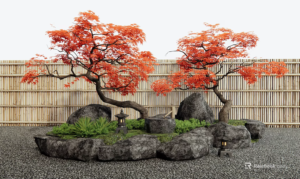 Red Leaf Arbor Trees in Traditional Garden with Bamboo Fence Rocks and Stone Lanterns 3d model 