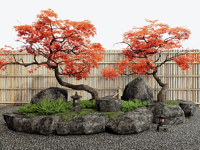 Red Leaf Arbor Trees in Traditional Garden with Bamboo Fence Rocks and Stone Lanterns 3d model