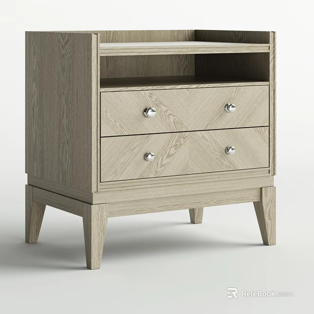 Modern Light Wood Bedside Table With Two Drawers Metal Knobs And Sturdy Legs Design 3d model