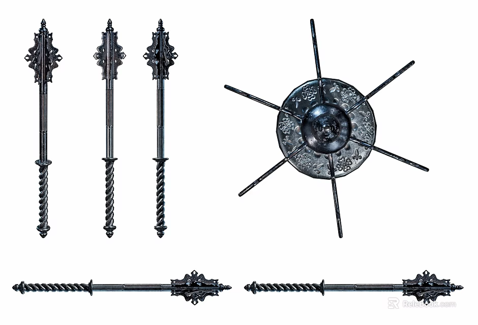 Medieval Weapons Collection Including Spears Shield Swords With Twisted Metal Ornamental Designs 3d model 