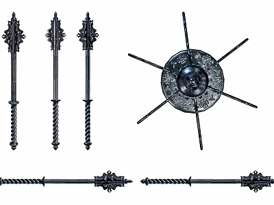 Medieval Weapons Collection Including Spears Shield Swords With Twisted Metal Ornamental Designs 3d model