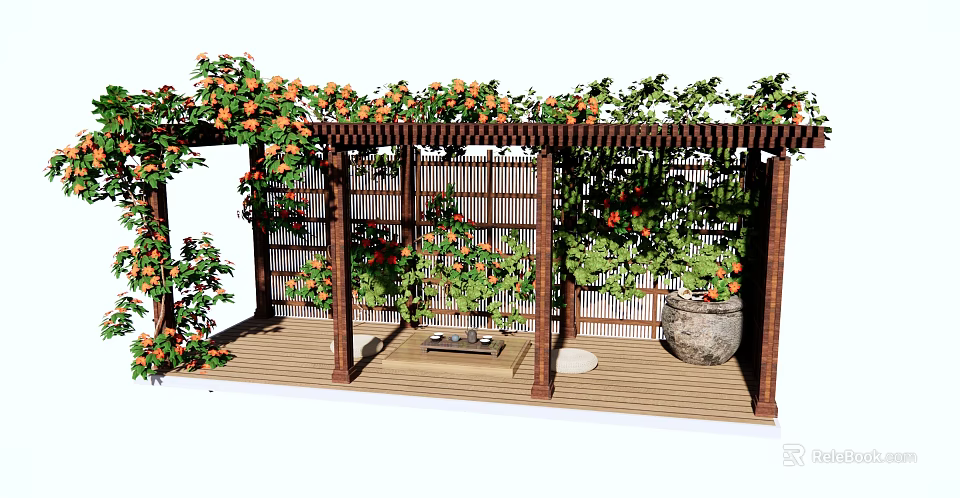 Wooden Pergola With Climbing Vines And Orange Flowers On Garden Wooden Deck 3d model 