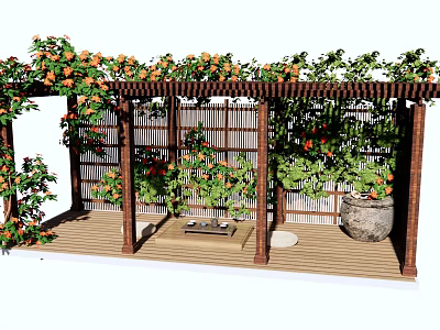Wooden Pergola With Climbing Vines And Orange Flowers On Garden Wooden Deck 3d model