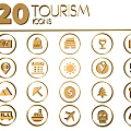 Wall Decor With 20 Golden Tourism Icons And Circular Travel Symbols