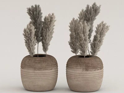 Two Ceramic Striped Vases With Dried Flowers For Home Decorative 3d model
