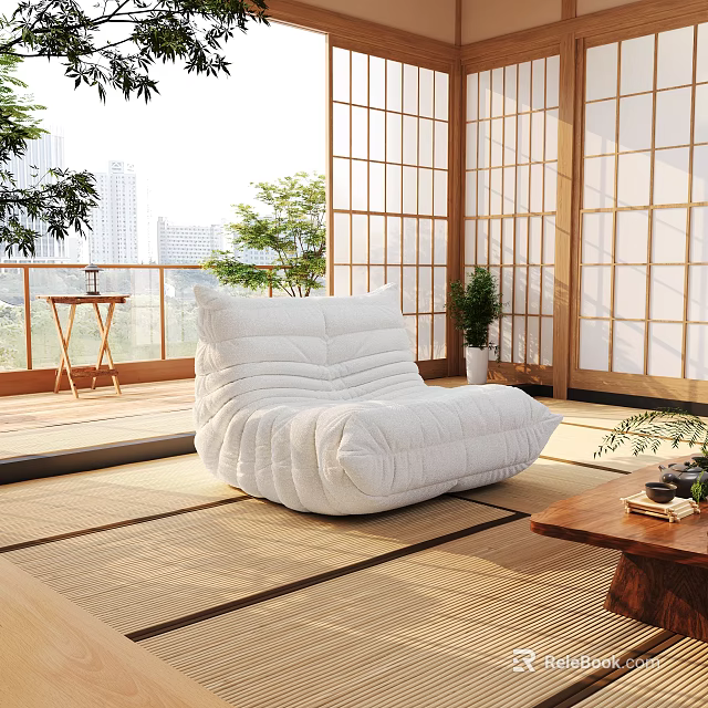 Cozy White Bean Bag Chair In Japanese Style Room With Shoji Doors Balcony Tatami Floor 3d model 