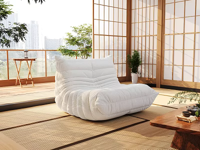 Cozy White Bean Bag Chair In Japanese Style Room With Shoji Doors Balcony Tatami Floor 3d model