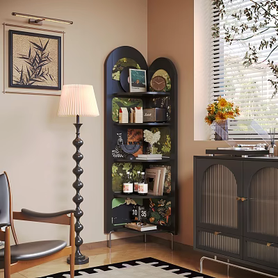 Living Room Corner With Black Arched Shelf Floor Lamp Wall Art And Yellow Flowers 3d model