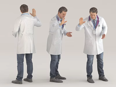 Male Doctor In White Coat With Stethoscope Showing Three Different Standing Poses Full Body View 3d model