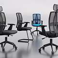 Ergonomic Mesh Office Chairs In Black And Blue With Adjustable Backrest And Wheels 3d model