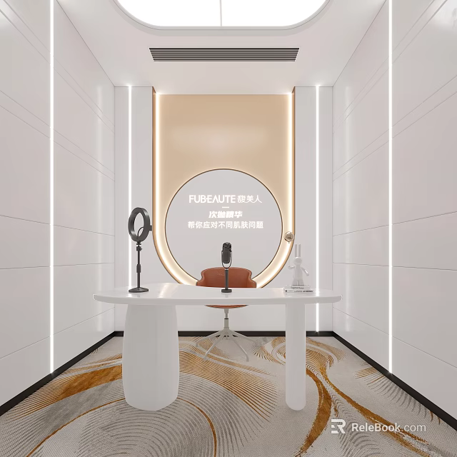 Modern Public Office Space Interior With White Desk Orange Chair Table Lamp And Patterned Carpet 3d model 