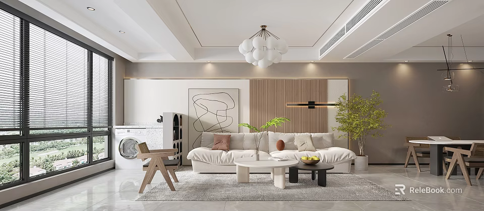 Modern Living And Dining Area Interior Design With Sofa Coffee Table Chandelier And Potted Plant 3d model 