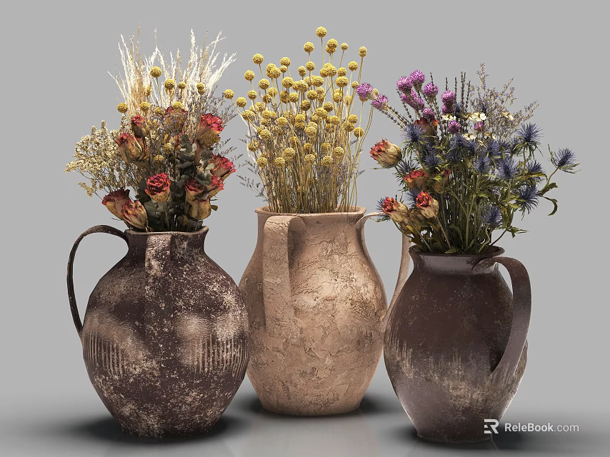 Three Earth Toned Textured Ceramic Vases With Mixed Dried Flowers 3d model