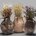 Three Earth Toned Textured Ceramic Vases With Mixed Dried Flowers 3d model