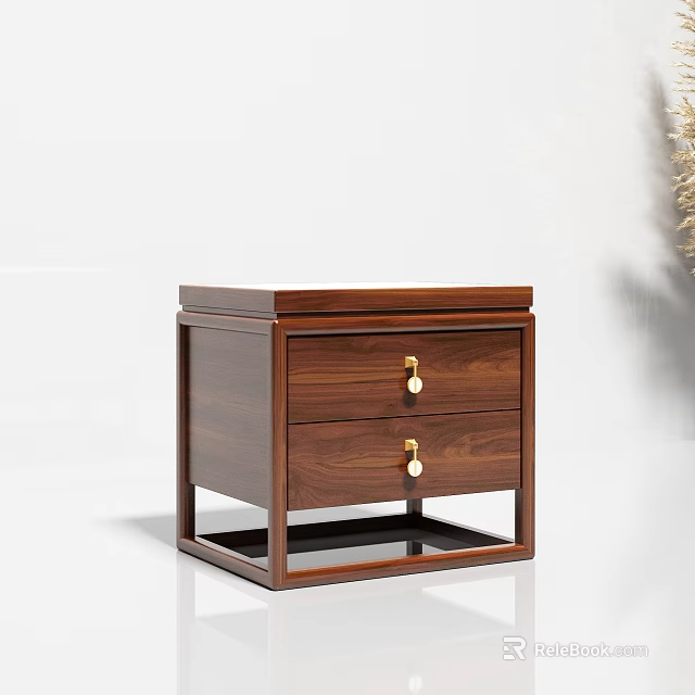 Modern Walnut Bedside Table With Two Drawers Golden Knobs And Minimalist Design 3d model