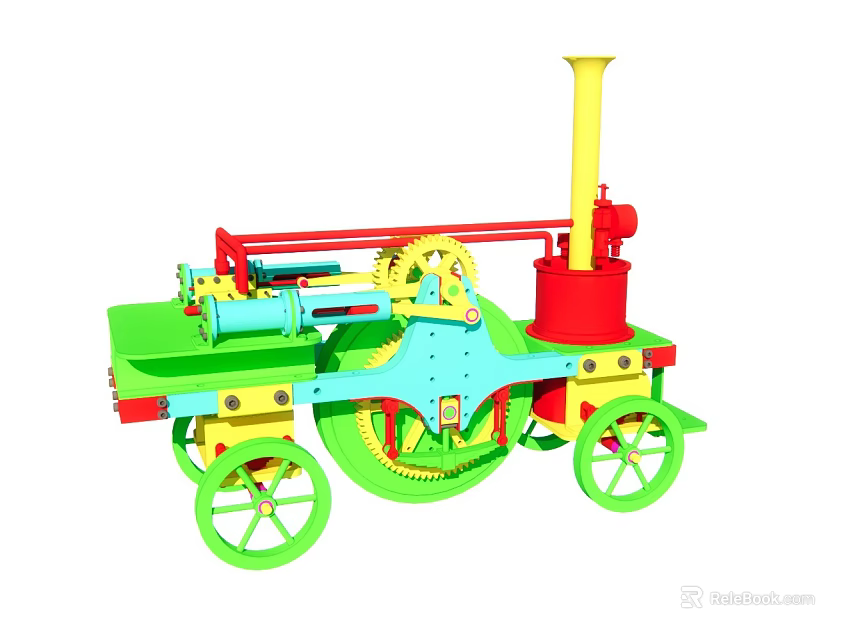 Colorful Toy Steam Locomotive With Green Wheels Red Chimney And Gears 3d model 